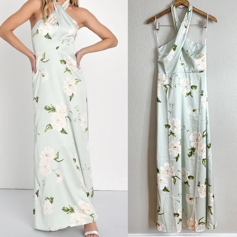 NWOT Charming Aspirations Light Green Floral Halter Maxi Dress